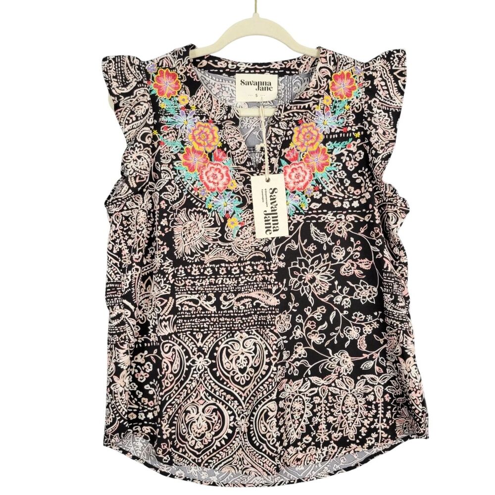 NWT SAVANNA JANE 18266 Black Pink Paisley Floral Embroidered Boho Top SIZE SMALL